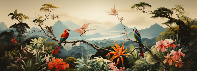 Górski krajobraz przedstawiający dwa ptaki siedzące na kwitnących gałęziach tropikalnego lasu 