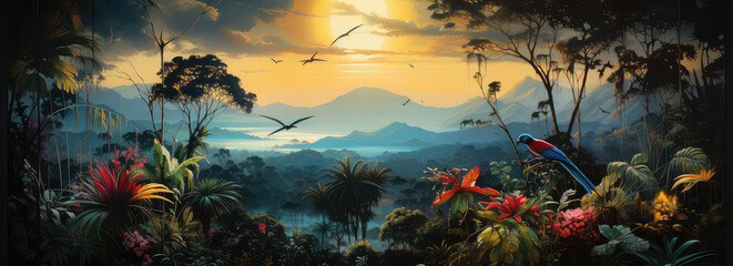 Górski krajobraz przedstawiający egzotyczne ptaki siedzące na kwitnących gałęziach tropikalnego lasu 