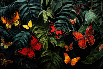 Kolorwe motyle na tle tropikalnych liści. 