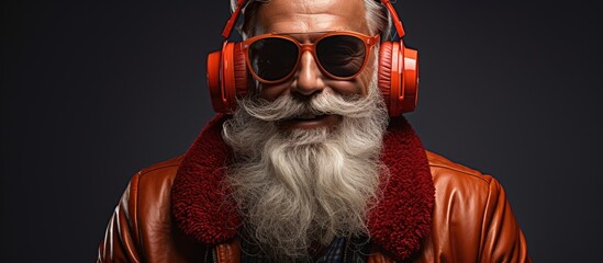 Crazy Santa Claus with white beard dances to Christmas music wearing a colorful headwear and...
