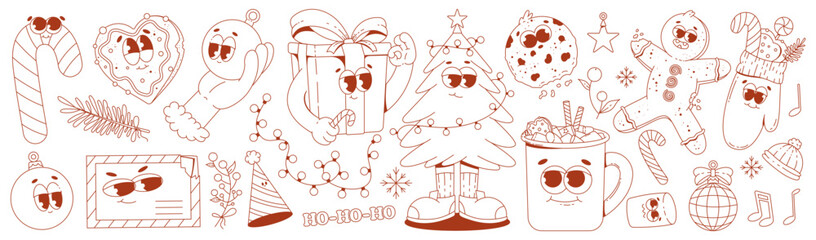 Funny retro cartoon characters on a christmas theme in trendy groovy style. Monochrome line art. 60 -70s vibes sticker set. Merry Christmas and Happy New Year. Vector Illustration - obrazy, fototapety, plakaty