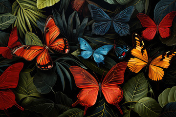 Kolorwe motyle na tle tropikalnych liści.  - obrazy, fototapety, plakaty