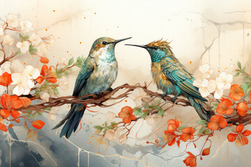 Obraz akwarelowy z dwoma egzotycznymi ptakami siedzącymi na gałęzi. 