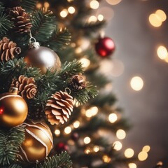 Obraz na płótnie Canvas Close-UP of Christmas Tree, Gold Ornaments against a Defocused Lights Background