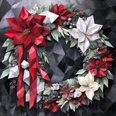 AI-generated illustration of a red, green and white wreath. MidJourney.