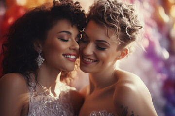 Lesbian couple embracing for the marriage. Two girls have a love, lgbtq, married wedding, girlfriend couple, pride month homosexual relationship hugs wedding dress.