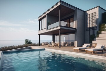 Luxury beach house with sea view, swimming pool, terrace, sofa. Vacation home with hotel interior. Generative AI