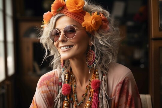 Smiling adult woman in hippie outfit enjoying free life