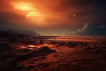 Fototapeta na wymiar Stunning sunrise on Mars, showcasing a surreal alien landscape. Generative AI