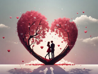 graphics for a couple in love against the background of a red heart-shaped tree