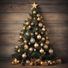 Close-UP of Christmas Tree, Gold Ornaments against a Defocused Lights Background