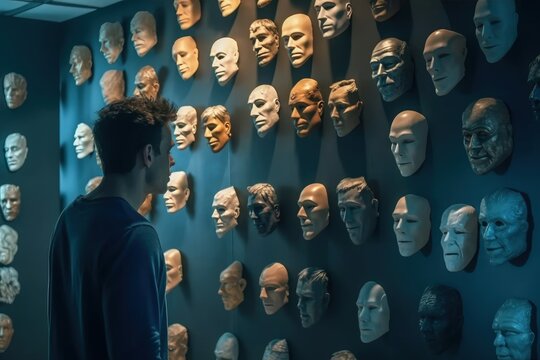 Fake emotion, play a role concept. Character holds masks our face with different emotions. Choice of moods, hiding behind a false mask. Defense and playing to the audience. Psychology.