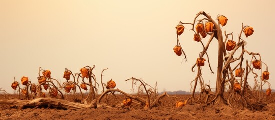 Failed crop with withered brown tomato plants - obrazy, fototapety, plakaty