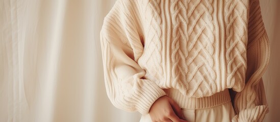 Autumn winter fashion sale Cozy women s knit pullover beige color on white background - obrazy, fototapety, plakaty