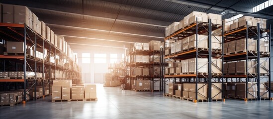 Contemporary warehouse with rows of shelves and boxes