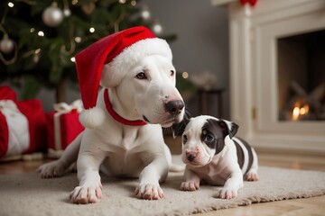 In a heartwarming scene captured in a charmingly cozy Christmas decorated living room, lovable dogs wearing a Santa hat