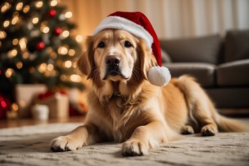 In a heartwarming scene captured in a charmingly cozy Christmas decorated living room, a lovable labrador retriever dog wearing a Santa hat