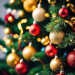 Fototapeta premium Close-UP of Christmas Tree, Red and Golden Ornaments against a Defocused Lights Background