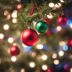 Close-UP of Christmas Tree, Red and Green Ornaments against a Defocused Lights Background