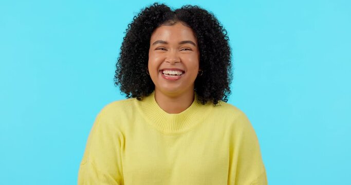 Face, pointing and woman with call me sign isolated on a blue background mockup space in studio. Portrait, phone hand gesture and happy African person with emoji for contact, communication and funny.
