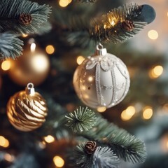 Close-UP of Christmas Tree, Gold Ornaments against a Defocused Lights Background