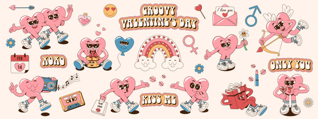 Collection of retro groovy hippie lovely hearts characters. Cartoon romantic 60s, 70s vintage Happy Valentine's day stickers, stamps or patches. Vector illustration in pink, blue and yellow colors. - obrazy, fototapety, plakaty