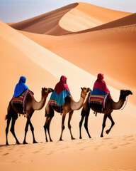 Camels In A Traditional Bright Cape Against The Backdrop Of The Sand Dune Desert . Tourism Warm Countries Background