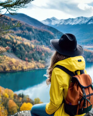 Fototapeta na wymiar Rear View Of A Stylish Girl, With A Backpack, A Hat And A Yellow Jacket, Looking At The View Of The Mountains And The Lake While Relaxing In The Autumn Nature.