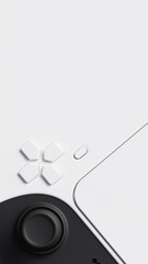 Tilted black and white video game controller, buttons and analog sticks, 3d illustration