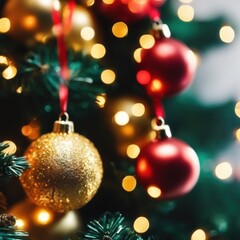 Fototapeta premium Close-UP of Christmas Tree, Red and Golden Ornaments against a Defocused Lights Background