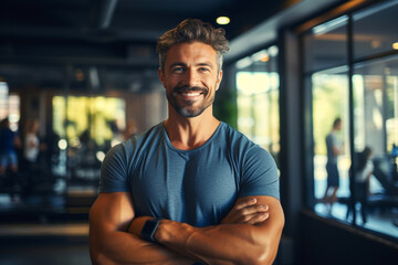 Smiling male personal trainer pink t shirt portrait of smiling at camera in gym. Happy man fitness coach standing in modern sport club interior. Active sport life getting fit healthy lifestyle concept - obrazy, fototapety, plakaty