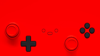 Red background with video game control elements with black buttons and analog sticks