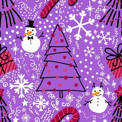 Cartoon new year seamless Christmas tree and gift pattern for wrapping paper and fabrics and linens and festive