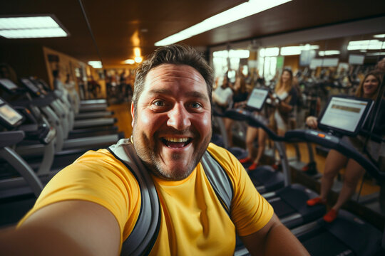 Obese Overweight Happy Man With Belly Taking Selfie At Gym Club, Fitness Center Before The Training. Active Lifestyle, Loosing Weigh By Cardiot, Getting Fit, Fitness, Healthy Habits Concept.