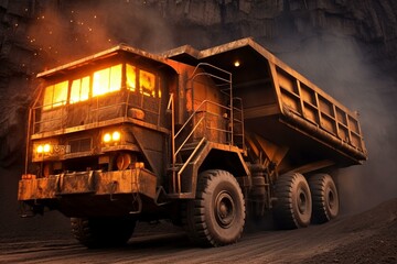 Mining truck in operation at coal-preparation facility, effectively transporting coal. Generative AI