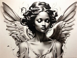 black ink drawing on a white background of a beautiful angel