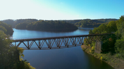 Old steel railway bridge at the dam in Pilchowice, Poland. Aerial footage