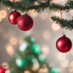 Obraz premium Close-UP of Christmas Tree, Red and Green Ornaments against a Defocused Lights Background