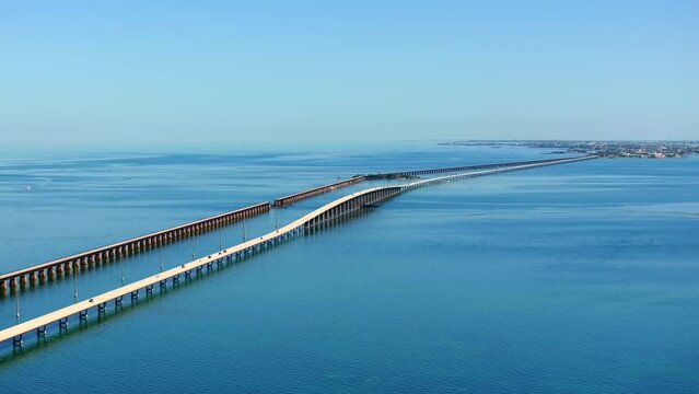 Aerial parallax drone footage Florida Keys Seven Mile Bridge 4k