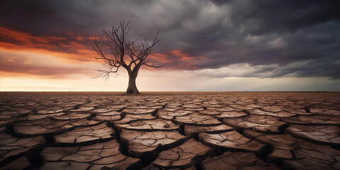 A lone tree with no leaves, standing in a field of cracked earth, ominous clouds in the sky, moody lighting