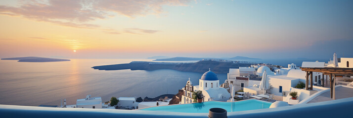 A rooftop in Santorini, Greece, white buildings with blue domes, overlooking the sea, sundown colors - obrazy, fototapety, plakaty
