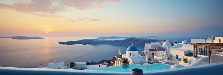 Rolgordijnen A rooftop in Santorini, Greece, white buildings with blue domes, overlooking the sea, sundown colors © Marco Attano