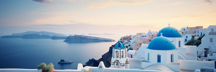 Fototapeta premium A rooftop in Santorini, Greece, white buildings with blue domes, overlooking the sea, sundown colors