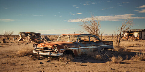 A series of abandoned cars in a drought - stricken ghost town, paint peeling and rust setting in, detail on decaying materials - obrazy, fototapety, plakaty