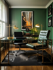 Art Deco home office, glass desk, geometric rug, vintage travel posters, gold accents, green leather chair