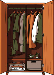 Minimalistic wardrobe in simple flat colors depicted in a comic style through sleek and vibrant vector graphics.