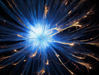 firework bloom, royal blue core with gold streaks, hyper - realistic, texture detail, individual spark trails