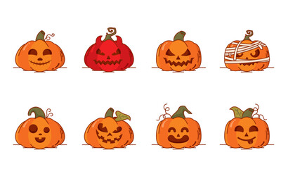 Set of spooky carved halloween pumpkin icons Vector