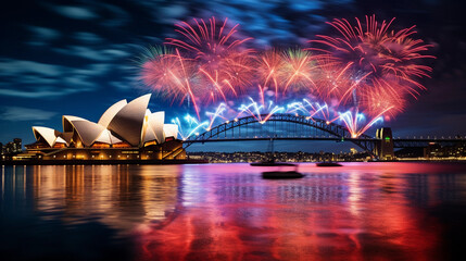 Fireworks display over Sydney Opera House, vivid colors, multiple bursts, sky alight with hues of...