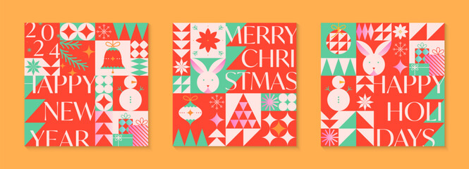 Fototapeta premium Christmas and Happy New Year greeting card templates.Festive vector backgrounds in flat modern style with traditional winter holiday symbols.Xmas pattern designs for branding,invitations,prints,smm